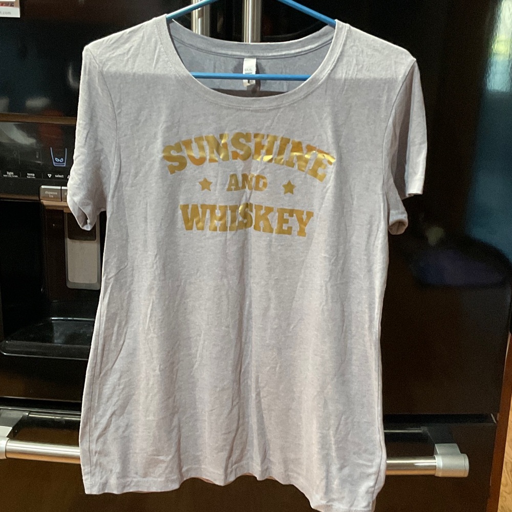 Gray T-Shirt with Gold Sunshine and Whiskey Print